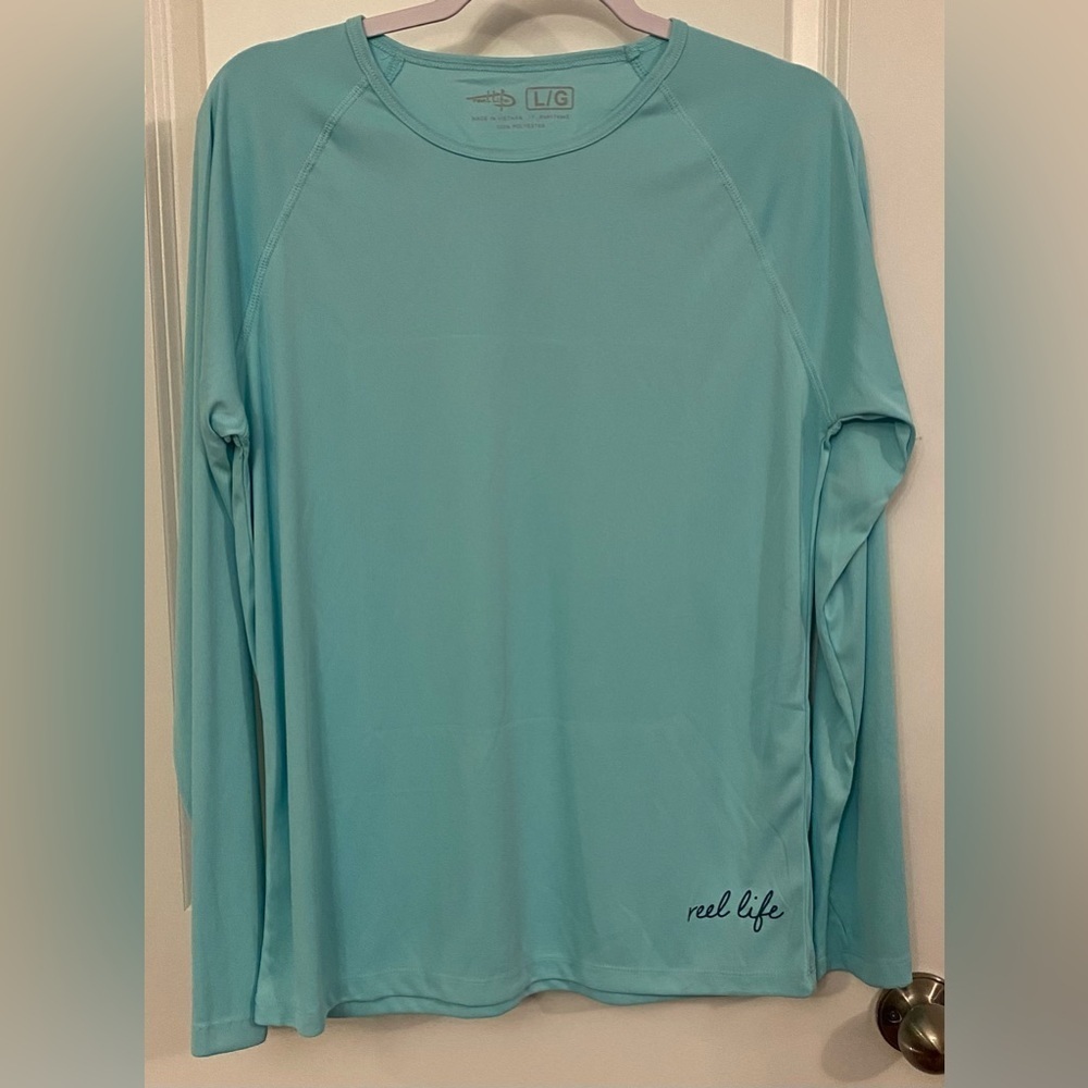 Reel Life Long Sleeve Shirt Men’s Sz L Teal Thumb Holes Palm Tree On Back